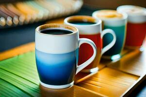 cuatro café tazas con diferente colores en un de madera bandeja. generado por ai foto