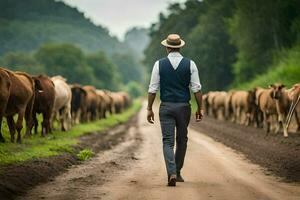 a man walking down a dirt road with cows. AI-Generated photo