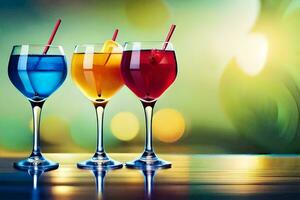 three glasses of colored drinks on a table. AI-Generated photo