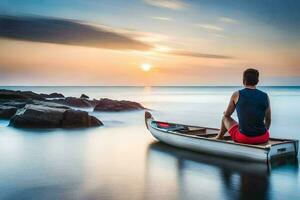 man sitting in a boat on the ocean at sunset. AI-Generated photo