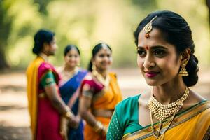 a woman in a sari with her friends. AI-Generated photo