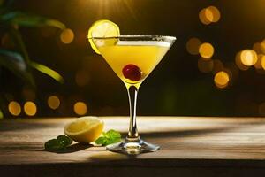 a cocktail with lemon and a cherry on the rim. AI-Generated photo