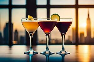 three glasses of cocktails with a sunset in the background. AI-Generated photo