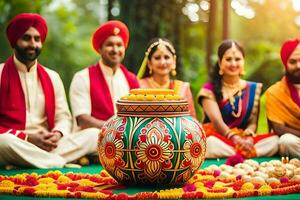 indio Boda ceremonia con familia y amigos. generado por ai foto