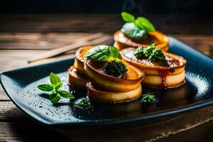 un plato con algunos horneado patatas en él. generado por ai foto