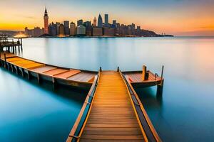 a wooden dock leads to the city skyline at sunset. AI-Generated photo