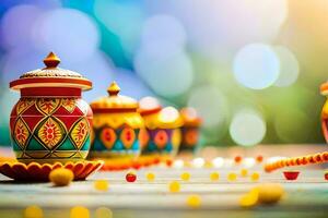 colorful diyas and colorful beads on a table. AI-Generated photo