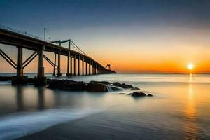 the sun sets over the ocean and pier at the beach. AI-Generated photo