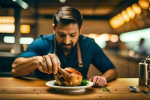 a man is eating a roast chicken on a plate. AI-Generated photo