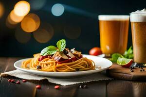 spaghetti and beer on a wooden table. AI-Generated photo