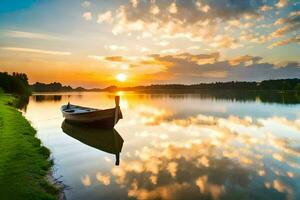 a boat is sitting on the shore of a lake at sunset. AI-Generated photo