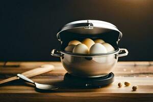 a stainless steel pot filled with eggs on a wooden table. AI-Generated photo