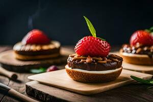 three mini desserts with strawberries on top. AI-Generated photo