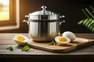 a stainless steel pot with eggs and herbs on a wooden cutting board. AI-Generated photo