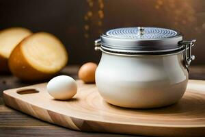 a jar of milk sits on a cutting board with eggs and cheese. AI-Generated photo