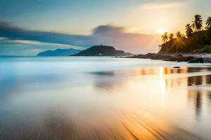 the sun is setting over the ocean and a beach. AI-Generated photo