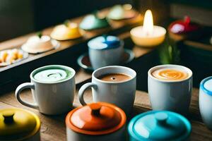 a table with many colorful cups and saucers. AI-Generated photo