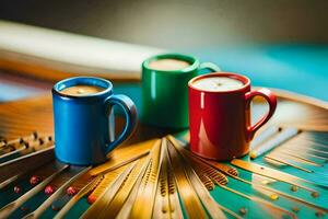 two coffee cups on a wooden table. AI-Generated photo