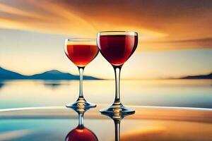 two wine glasses on a table with a sunset in the background. AI-Generated photo