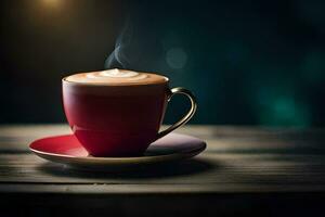 a cup of coffee on a wooden table. AI-Generated photo