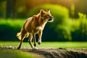 a dingo is walking across a field. AI-Generated photo