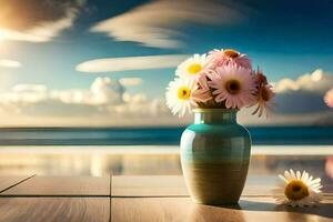 a vase with flowers on a table in front of the ocean. AI-Generated photo