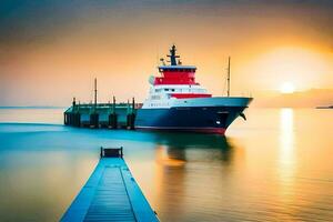 a tug boat is docked at the end of a dock. AI-Generated photo