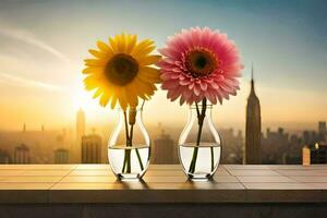 two flowers in vases on a table with a city in the background. AI-Generated photo