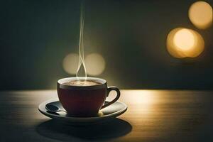 a cup of coffee on a table with a bokeh effect. AI-Generated photo