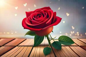 a red rose on a wooden table with hearts. AI-Generated photo