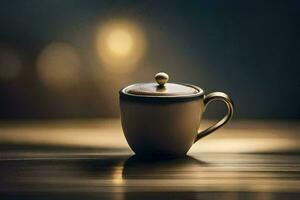 a coffee cup sitting on a table with blurred background. AI-Generated photo