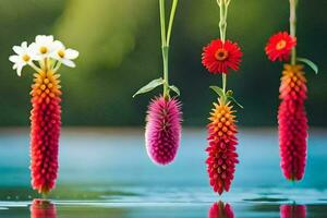 four flowers hanging from a string over water. AI-Generated photo