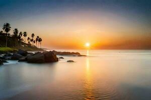 the sun sets over the ocean and palm trees. AI-Generated photo
