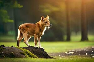 a dog standing on a rock in the middle of a field. AI-Generated photo