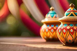 two colorful vases on a wooden table. AI-Generated photo