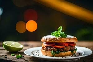 a hamburger with tomatoes and peppers on a plate. AI-Generated photo