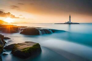 the sun sets over a lighthouse and rocks in the ocean. AI-Generated photo