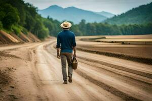 a man in a hat walks down a dirt road. AI-Generated photo