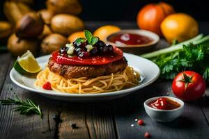 a plate of spaghetti with tomato sauce and vegetables. AI-Generated photo