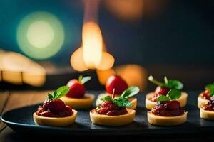 small desserts with strawberries and mint on a black plate. AI-Generated photo