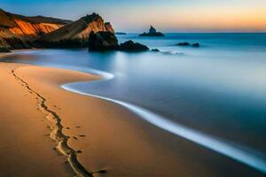 el playa a puesta de sol con huellas en el arena. generado por ai foto