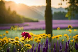 a field of flowers with a sun setting behind it. AI-Generated photo