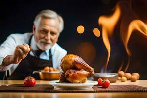 un más viejo hombre es Cocinando un pollo en un lámina. generado por ai foto