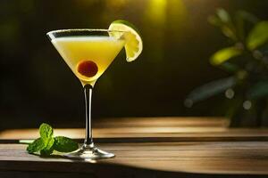 a cocktail with a lime and mint garnish. AI-Generated photo