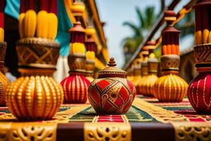a table with many colorful vases on it. AI-Generated photo