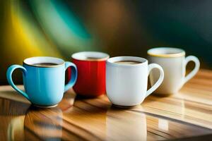 four coffee cups on a wooden table. AI-Generated photo