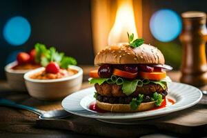 a hamburger with vegetables and sauce on a plate. AI-Generated photo