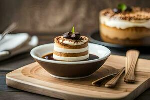 a dessert on a wooden board with a spoon. AI-Generated photo