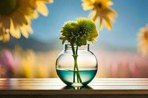 un florero con flores sentado en un mesa en frente de un campo. generado por ai foto