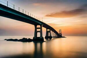 a bridge spanning over the ocean at sunset. AI-Generated photo